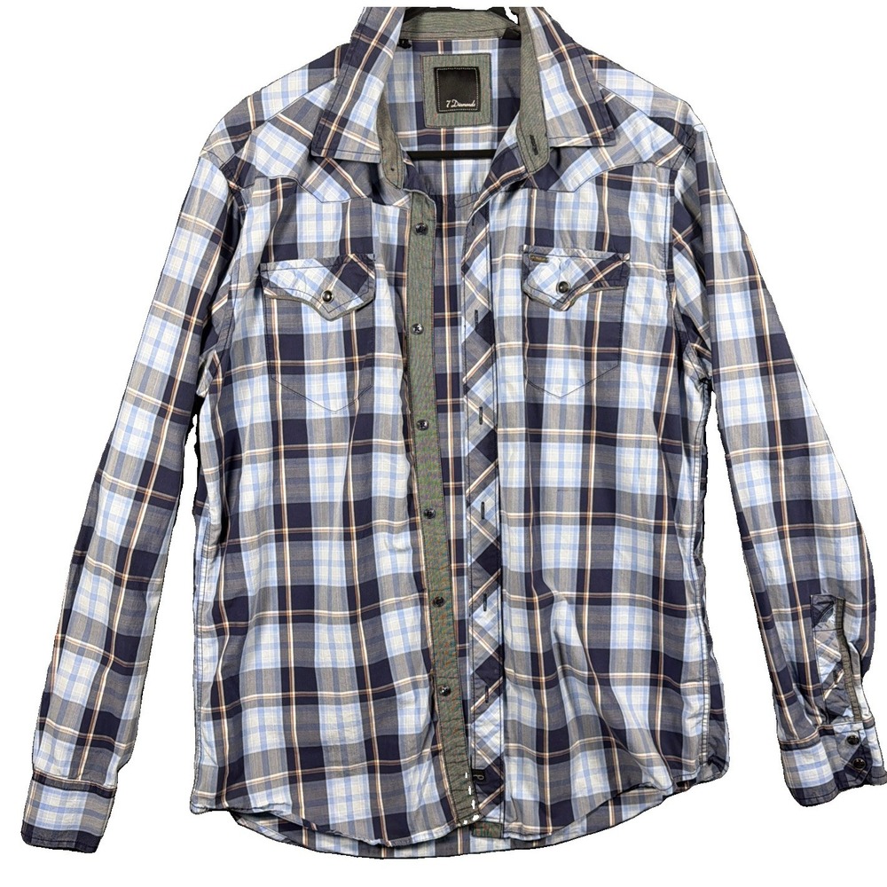 Mens Large Button Down Shirt, 7 Diamonds, Blue Plaid, Western Snap Pockets